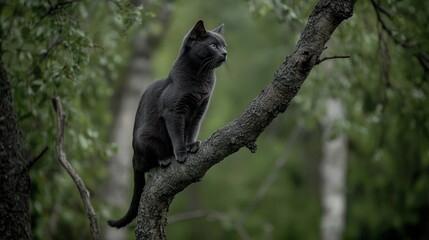 Obraz premium A Black Cat Perched on a Branch in a Lush Green Forest
