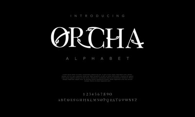 Obraz premium Orcha typography beauty fashion elegant minimalist serif italic fonts decorative wedding vintage retro logos. Minimal luxury font alphabet logo. Vector illustration