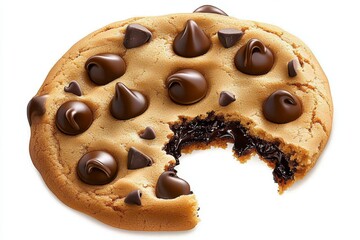a 2D cartoon illustration of a chocolate chip cookie with a bite taken out sweet and delicious white background