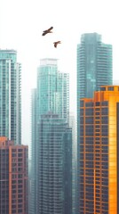 Fototapeta premium Modern City Skyline with Birds Flying in Fog
