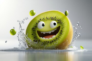a 2D cartoon illustration of a happy kiwi fruit slice with seeds fresh and fun white background