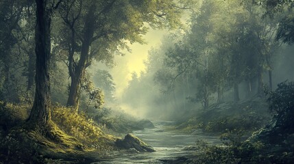 Obraz premium Enchanted Forest River: A Tranquil Landscape