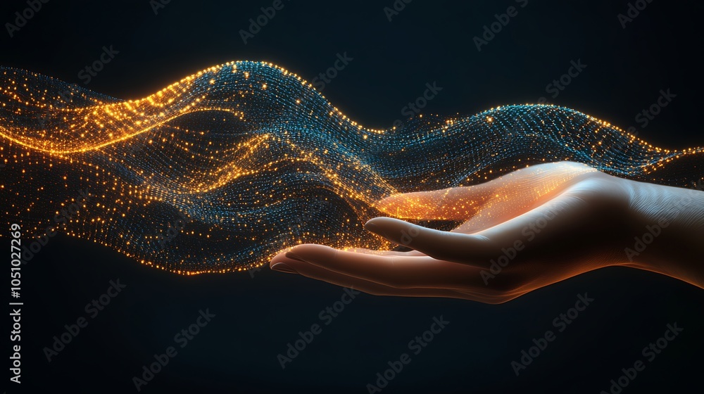 Poster abstract hand showcase with waving light patterns