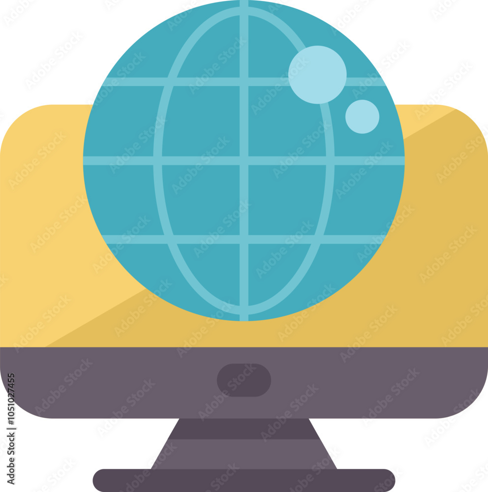 Poster modern flat vector illustration depicting a desktop computer showing planet earth globe for concepts
