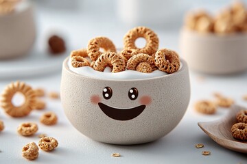 a 2D cartoon illustration of a smiling bowl of cereal with milk fun and crunchy white background