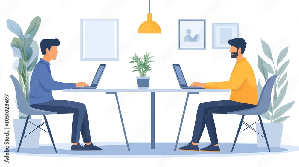 Poster two men working on laptops at a table in an office