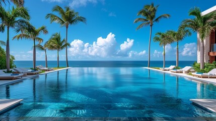 A photo of an infinity pool overlooking the ocean, with palm trees and lounge chairs on either sides.