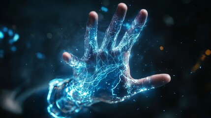 A hand of a business executive, emitting electrical currents, symbol of dynamic power. generative ai