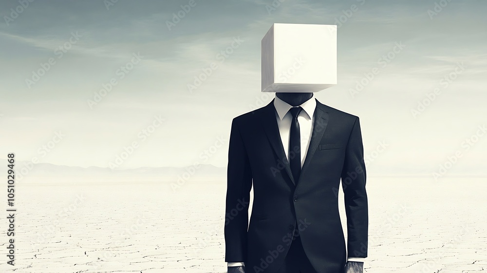 Poster man with floating geometric shape in desert landscape
