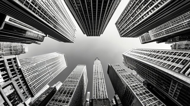 Black and white view of skyscrapers from the ground, creating a dramatic perspective.