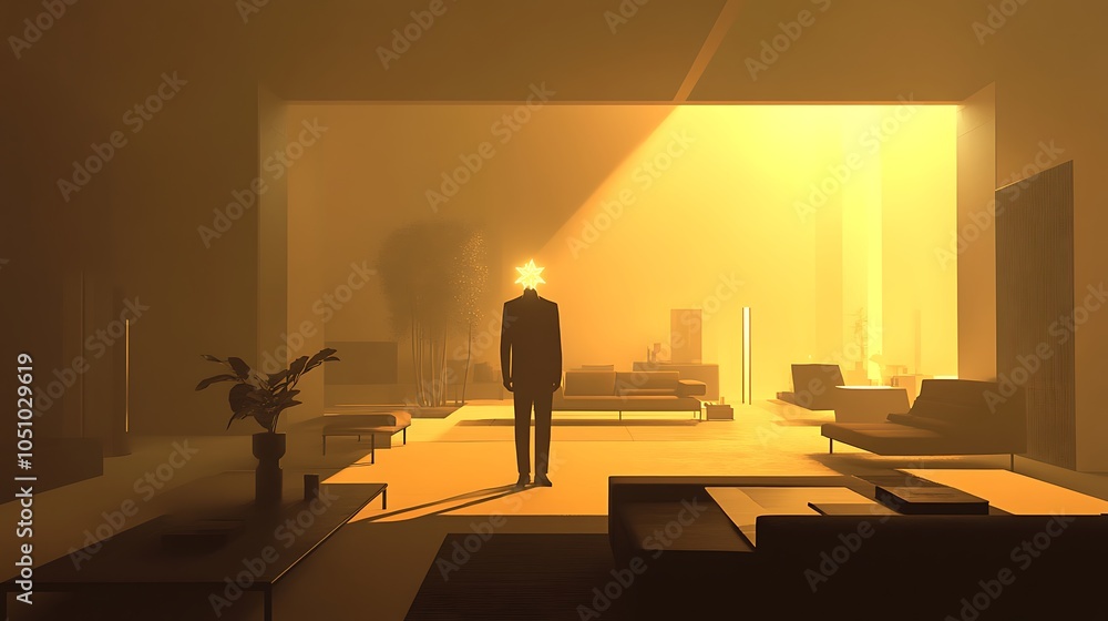 Poster man with floating star head in ambient space