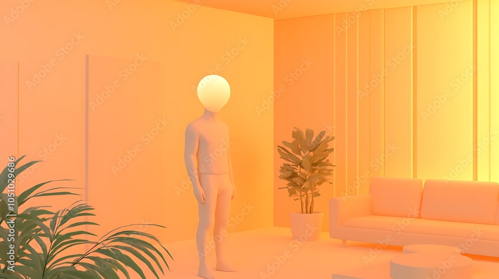 Poster man with floating star head in a soft orange room