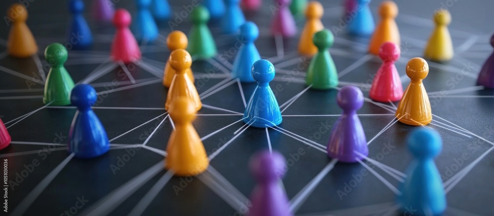 Poster colorful game pieces connected by white string on a black surface.