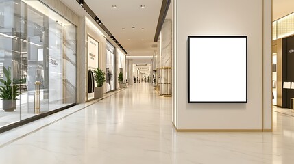 A white light box positioned in a modern luxury retail store with marble floors, brass fixtures, and neutral tones. The light box stands out as a central display element