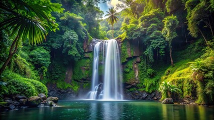 Fototapeta premium Beautiful minimalist waterfall surrounded by lush jungle trees