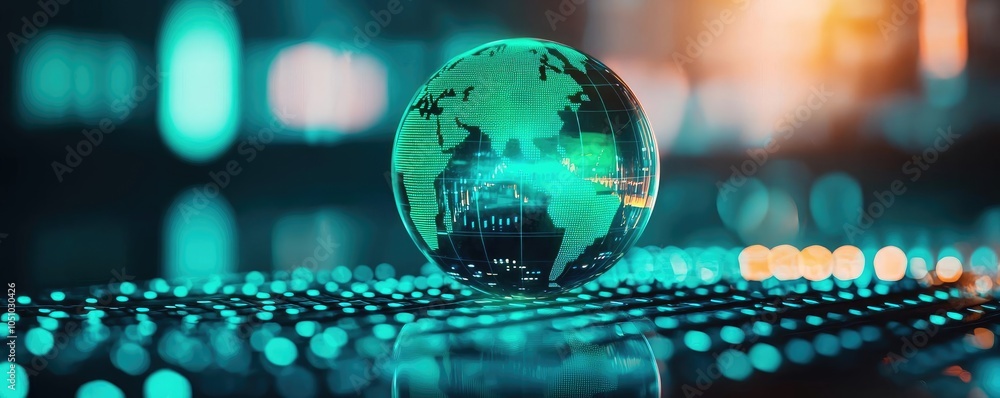 Poster glowing globe representation with digital elements on a reflective surface.