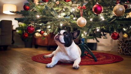 A French Bulldog lies on a red rug beneath a decorated Christmas tree, gazing upwards at ornaments....