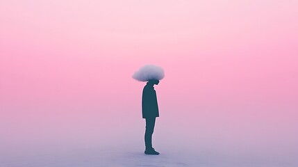 Person with Cloud Head in Soft Pastel Landscape