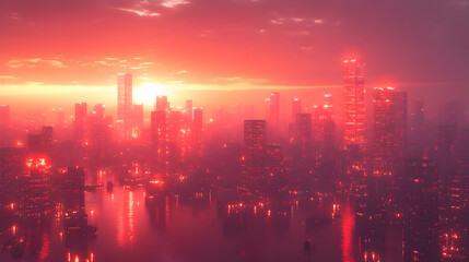 Red Cityscape Illustration with Skyscrapers and Water