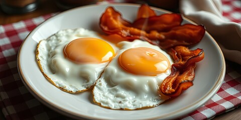 A plate of two sunny-side up eggs, with crispy bacon surrounding them, nestled on a red and white checkered tablecloth