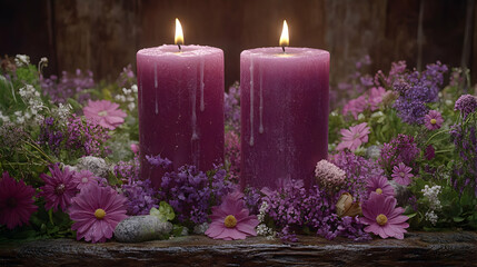 Purple Candles and Flowers  -  Realistic Still Life Image