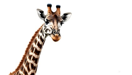 Obraz premium playful portrait of a young female giraffe with unique spots against a white background, showcasing its large eyes, cute ears, and charming expression