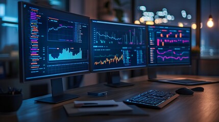 Fototapeta premium Financial Data Analysis on Multiple Monitors
