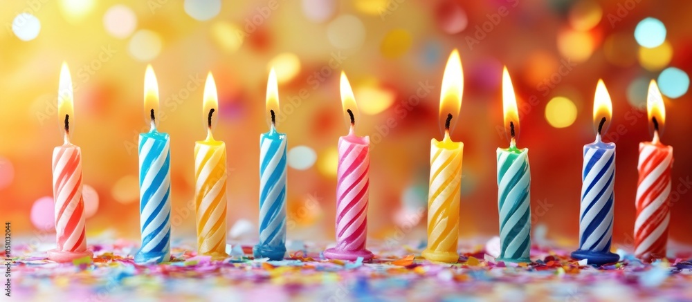Poster ten colorful birthday candles with flames are arranged in a row on a table with colorful confetti.