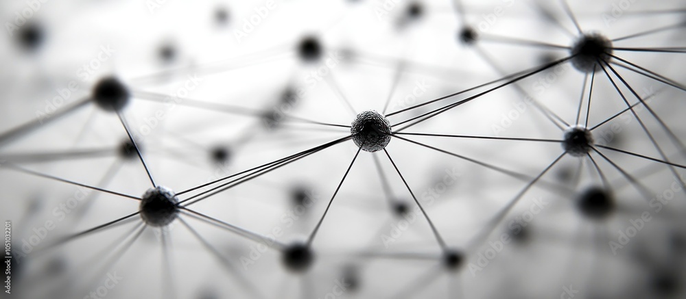 Poster abstract network of black spheres interconnected by thin lines.