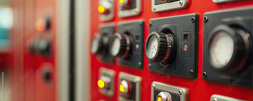 Poster control panel with gauges and buttons, illuminated indicators, red background.