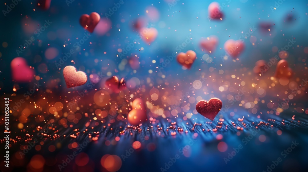 Poster a beautiful background of tiny hearts floating in the air, bokeh effect, and glowing lights create a