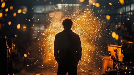 Silhouette of a Worker Amidst Sparks in a Factory