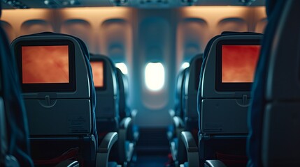 Fototapeta premium A photo of an airplane seat with a blank screen on the back, with other seats in the background.