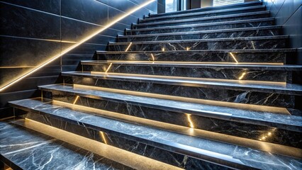 Fototapeta premium Close-up of black marble staircase with dramatic illumination