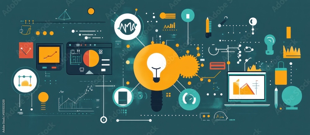 Aufkleber abstract illustration of a light bulb with a network of connected icons representing innovation, cre
