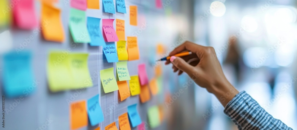 Aufkleber a hand holding a pen points to a sticky note on a whiteboard covered with notes, a brainstorming ses