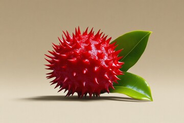 A minimalist illustration of a single rambutan, with abstract lines capturing its spiky, vibrant red shape