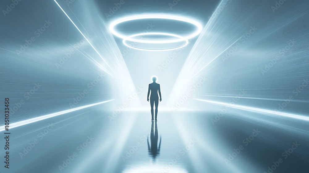 Poster robotic figure with glowing circular head in futuristic setting