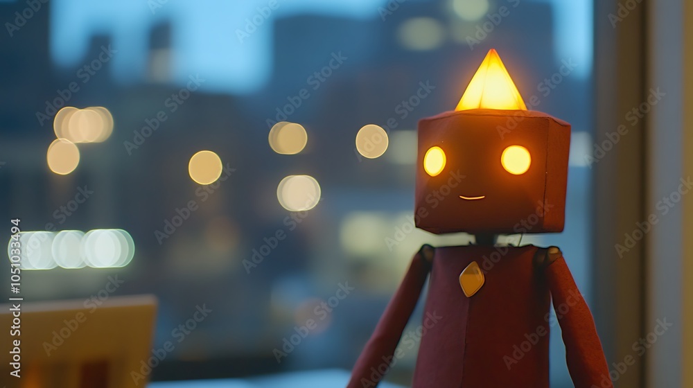 Poster glowing triangle on robotic figure in soft lighting