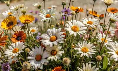 Obraz premium White field daisies in a meadow in the sunlight