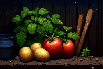 A pixel art image of a tomato, potato, and sweet potato in a retro farm setting, with bright, blocky colors and vibrant pixelated detail