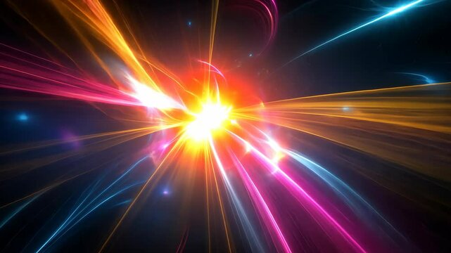 Abstract colorful light rays exploding from a bright center against a dark background.