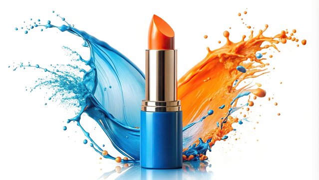 Vibrant orange lipstick with blue and orange splash