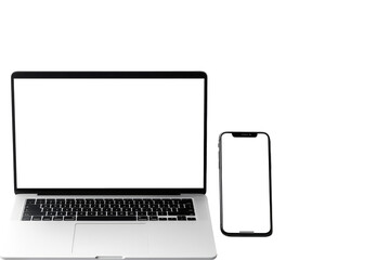 Laptop and smartphone with white screen on transparent background