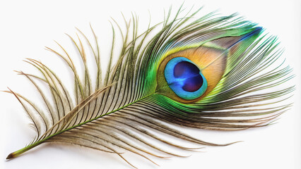 Obraz premium A beautiful peacock feather placed on a white background, creating a feeling of lightness and sophistication.