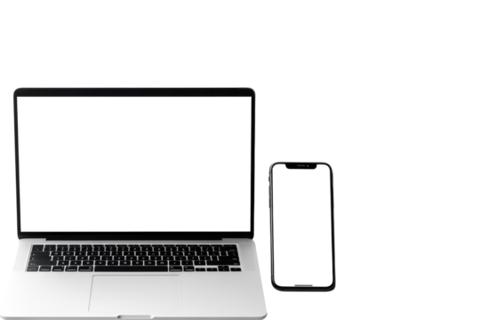 Laptop and smartphone with white screen on transparent background