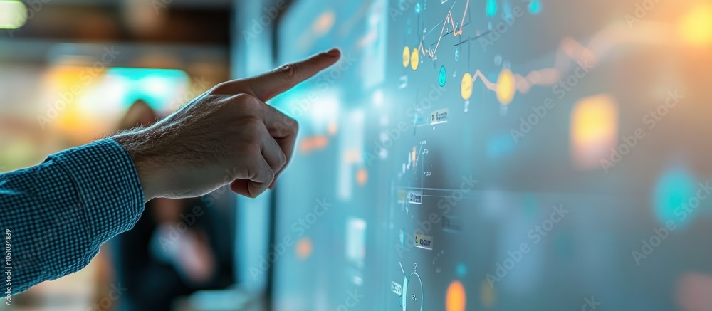 Aufkleber a hand points at a large screen with charts and graphs, likely discussing business strategy.