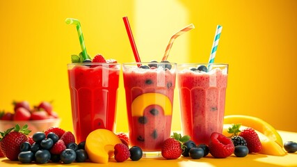 A trio of refreshing fruit smoothies with colorful straws and assorted fresh berries, ripe slices of mango, and strawberries, arranged on a vibrant yellow backdrop.