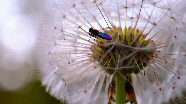 a small insect with rainbow wings perched behind a dandelion flower