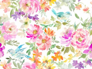 Bright abstract watercolor Floral and Bird Seamless Pattern on White Background. Hand painted floral wallpaper.